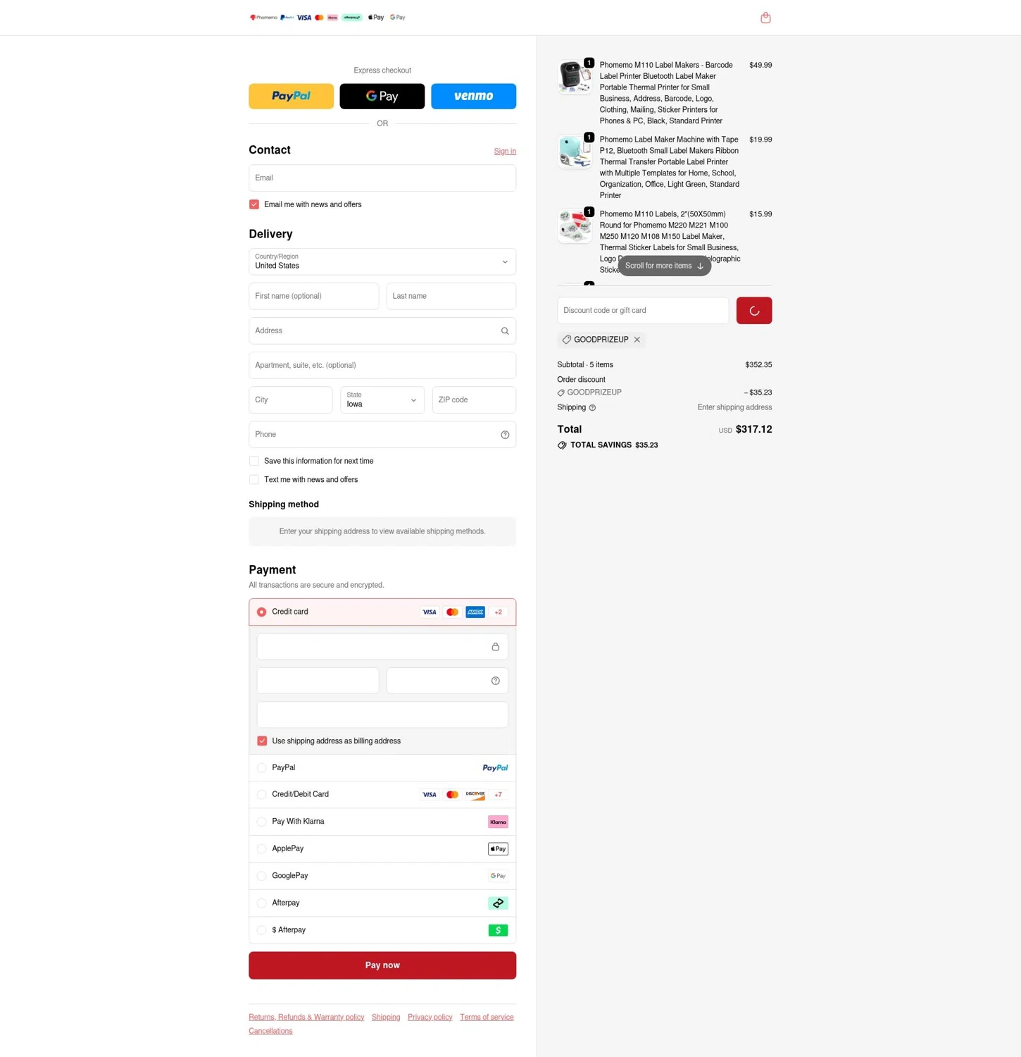 Phomemo discount code screenshot showing code goodprizeup applied at Phomemo checkout page. Uploaded by SimplyCodes community member LOgoter on Dec 24, 2025
