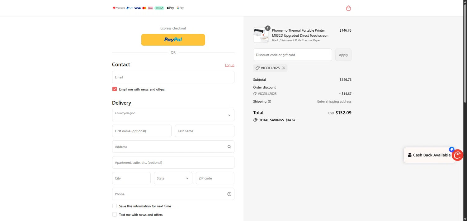 Phomemo discount code screenshot showing code VICGILL2025 applied at Phomemo checkout page. Uploaded by SimplyCodes community member GoldEagle5421 on Aug 25, 2025