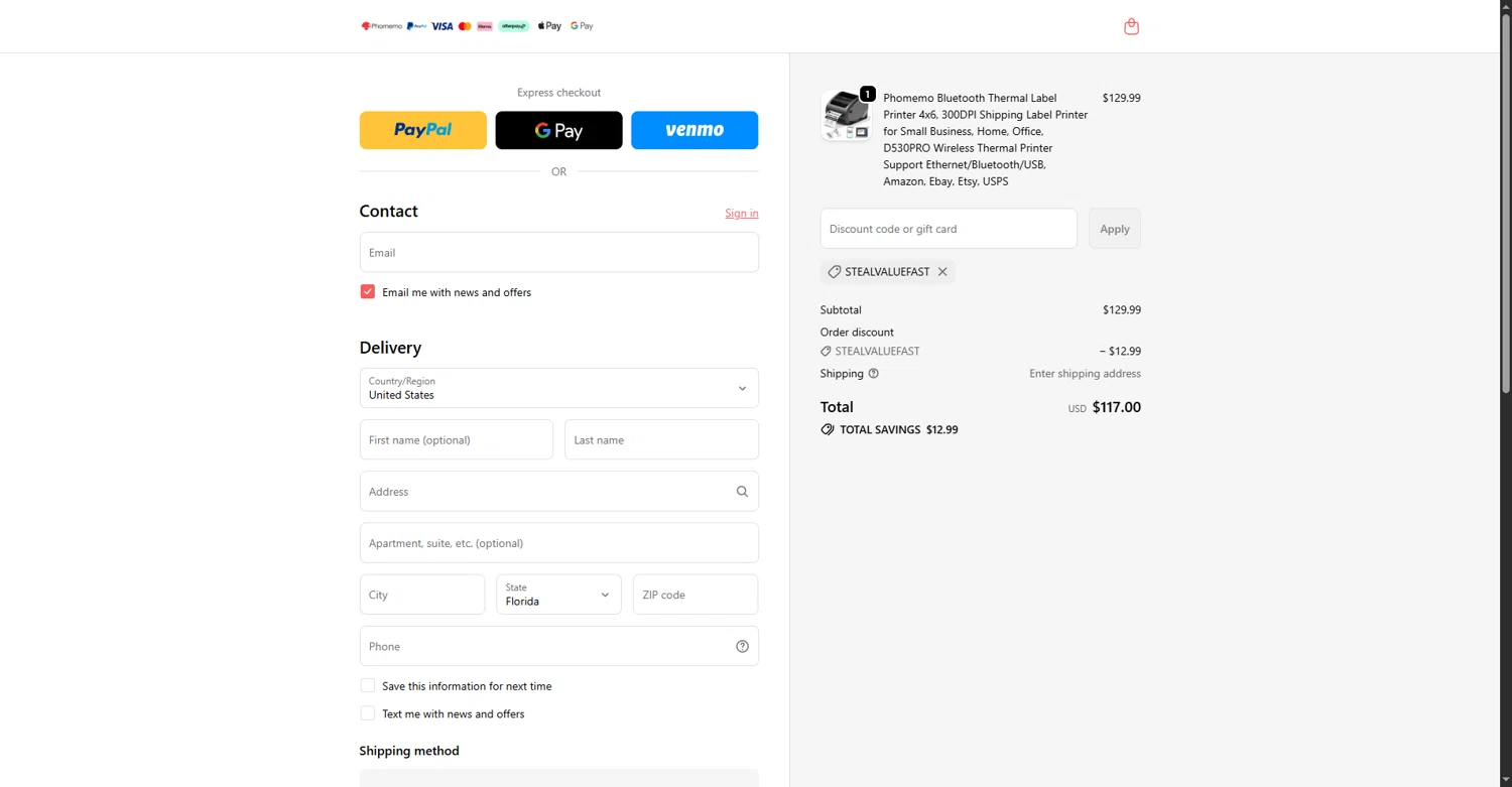 Phomemo discount code screenshot showing code stealvaluefast applied at Phomemo checkout page. Uploaded by SimplyCodes community member NobleCollector8318 on Nov 13, 2025