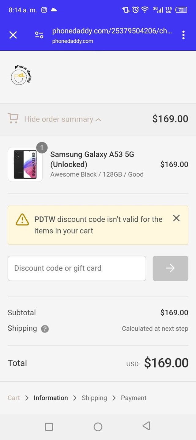 Phone Daddy checkout page showing Phone Daddy discount code box | Screenshot taken by SimplyCodes community member on May 10, 2024