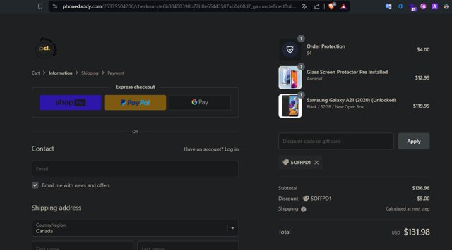 Phone Daddy checkout page showing Phone Daddy discount code box | Screenshot taken by SimplyCodes community member on Apr 20, 2024