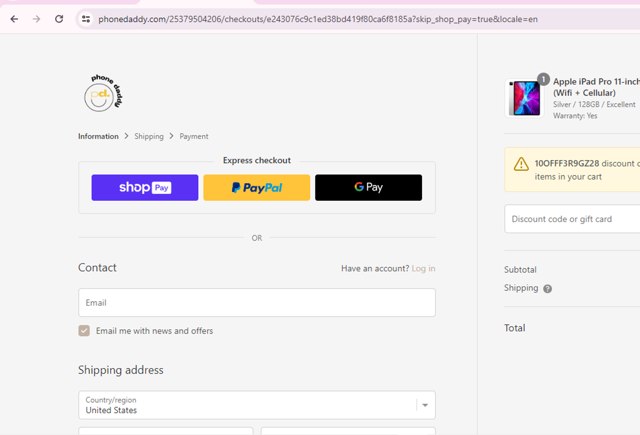 Phone Daddy checkout page showing Phone Daddy discount code box | Screenshot taken by SimplyCodes community member on May 14, 2024