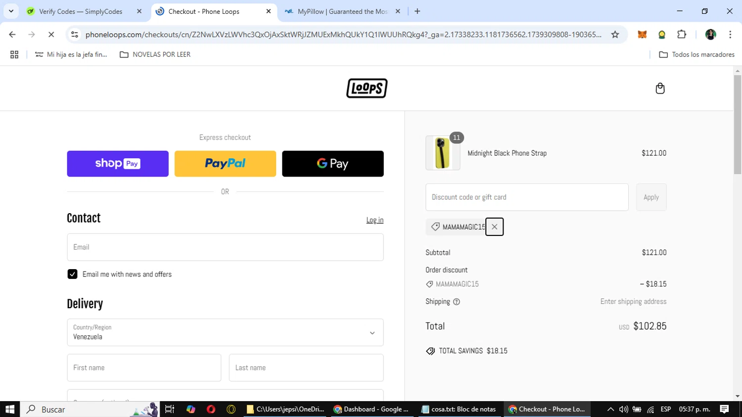 Phone Loops discount code screenshot showing code MAMAMAGIC15 applied at Phone Loops checkout page. Uploaded by SimplyCodes community member Jepsii on Feb 11, 2025