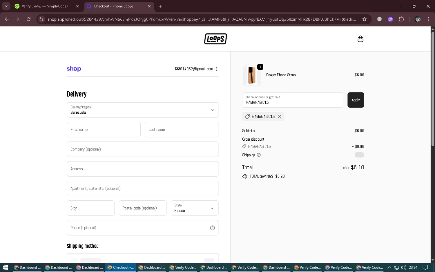 Phone Loops discount code screenshot showing code MAMAMAGIC15 applied at Phone Loops checkout page. Uploaded by SimplyCodes community member NobleGenius1697 on Dec 6, 2025