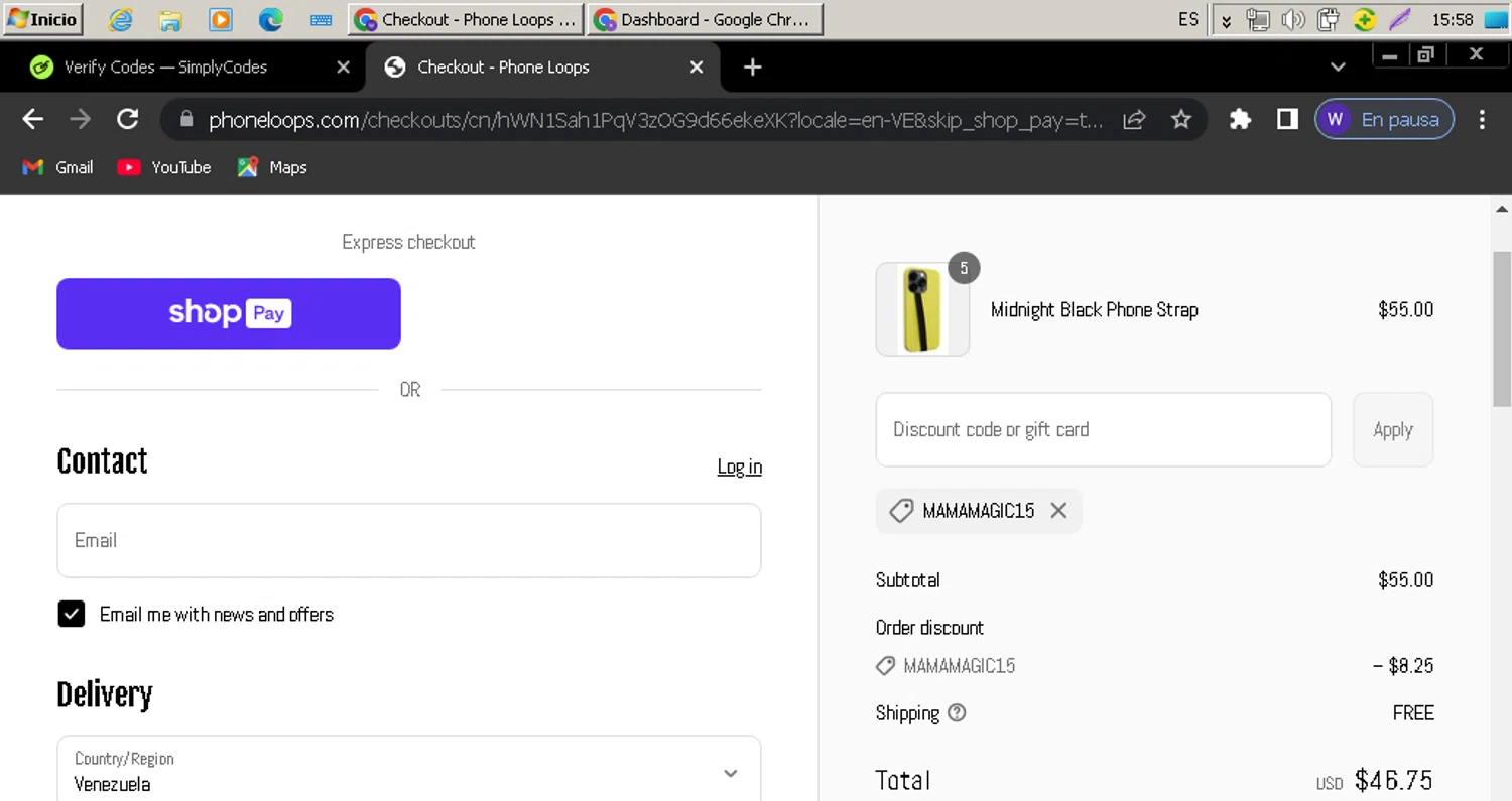 Phone Loops discount code screenshot showing code MAMAMAGIC15 applied at Phone Loops checkout page. Uploaded by SimplyCodes community member wuilmasoncoronado on Aug 5, 2025