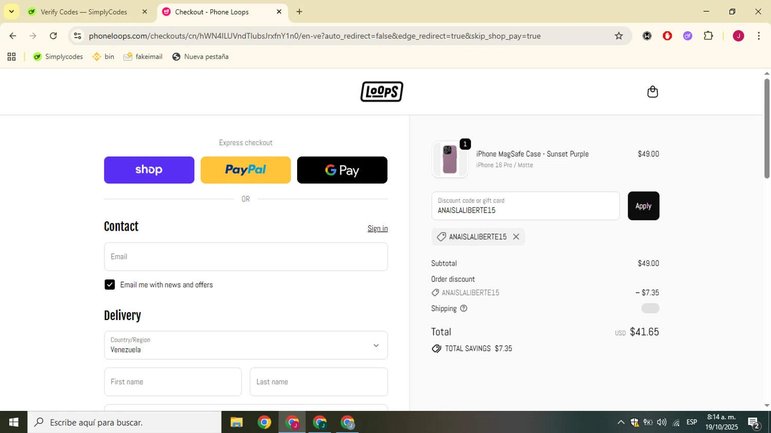 Phone Loops discount code screenshot showing code ANAISLALIBERTE15 applied at Phone Loops checkout page. Uploaded by SimplyCodes community member SavvyChaser3144 on Oct 19, 2025