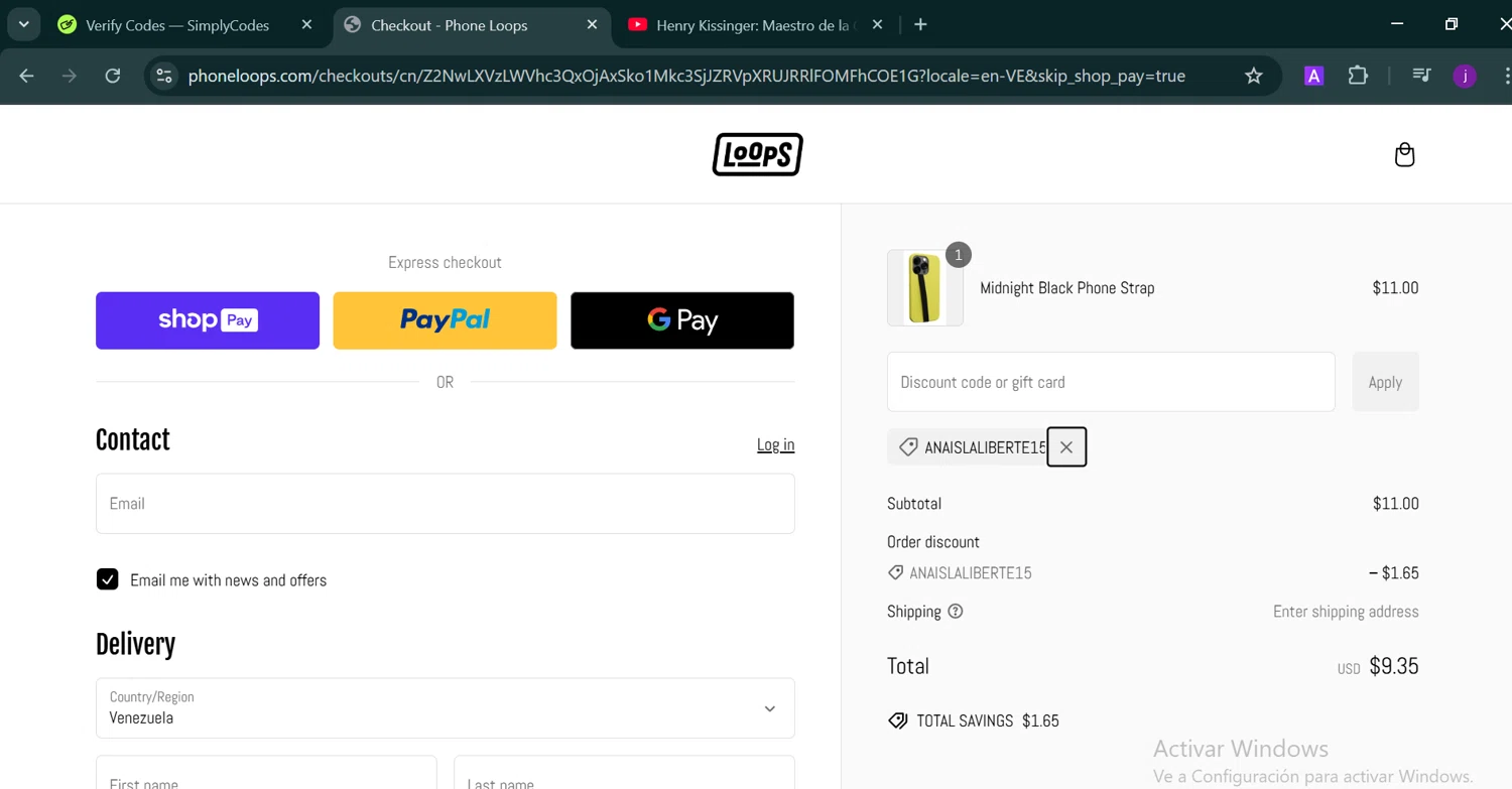 Phone Loops discount code screenshot showing code ANAISLALIBERTE15 applied at Phone Loops checkout page. Uploaded by SimplyCodes community member Trump23 on Jan 21, 2025