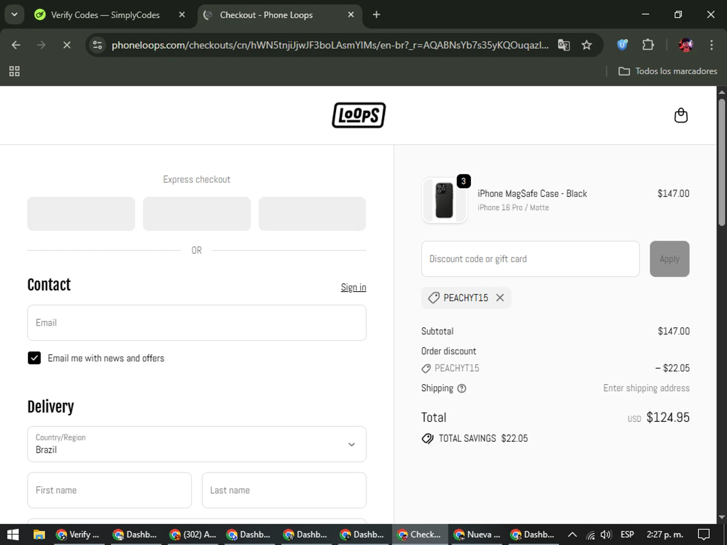 Phone Loops discount code screenshot showing code PEACHYT15 applied at Phone Loops checkout page. Uploaded by SimplyCodes community member SavingsEagle5772 on Nov 30, 2025
