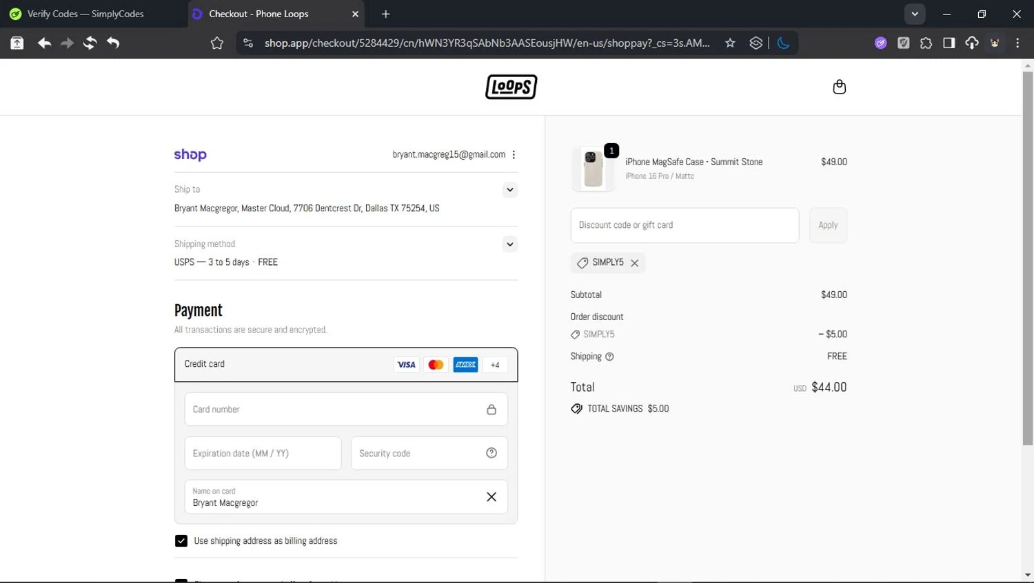 Phone Loops discount code screenshot showing code SIMPLY5 applied at Phone Loops checkout page. Uploaded by SimplyCodes community member BudgetCollector3125 on Sep 30, 2025