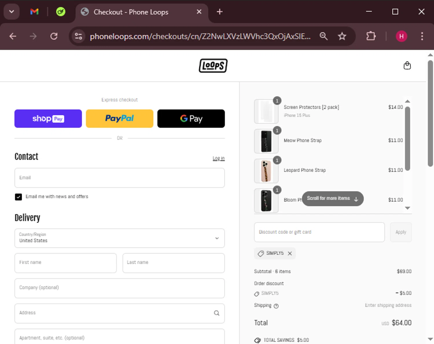 Phone Loops discount code screenshot showing code SIMPLY5 applied at Phone Loops checkout page. Uploaded by SimplyCodes community member RewardWarden8289 on Mar 26, 2025