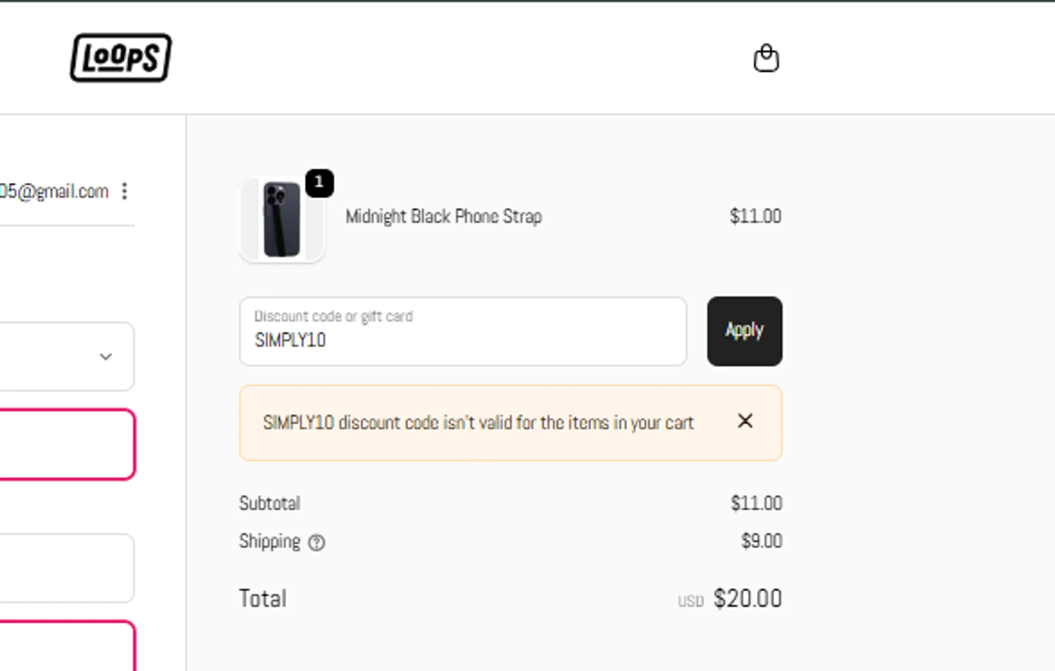 Phone Loops discount code screenshot showing code SIMPLY10 applied at Phone Loops checkout page. Uploaded by SimplyCodes community member tumdre on Oct 7, 2025