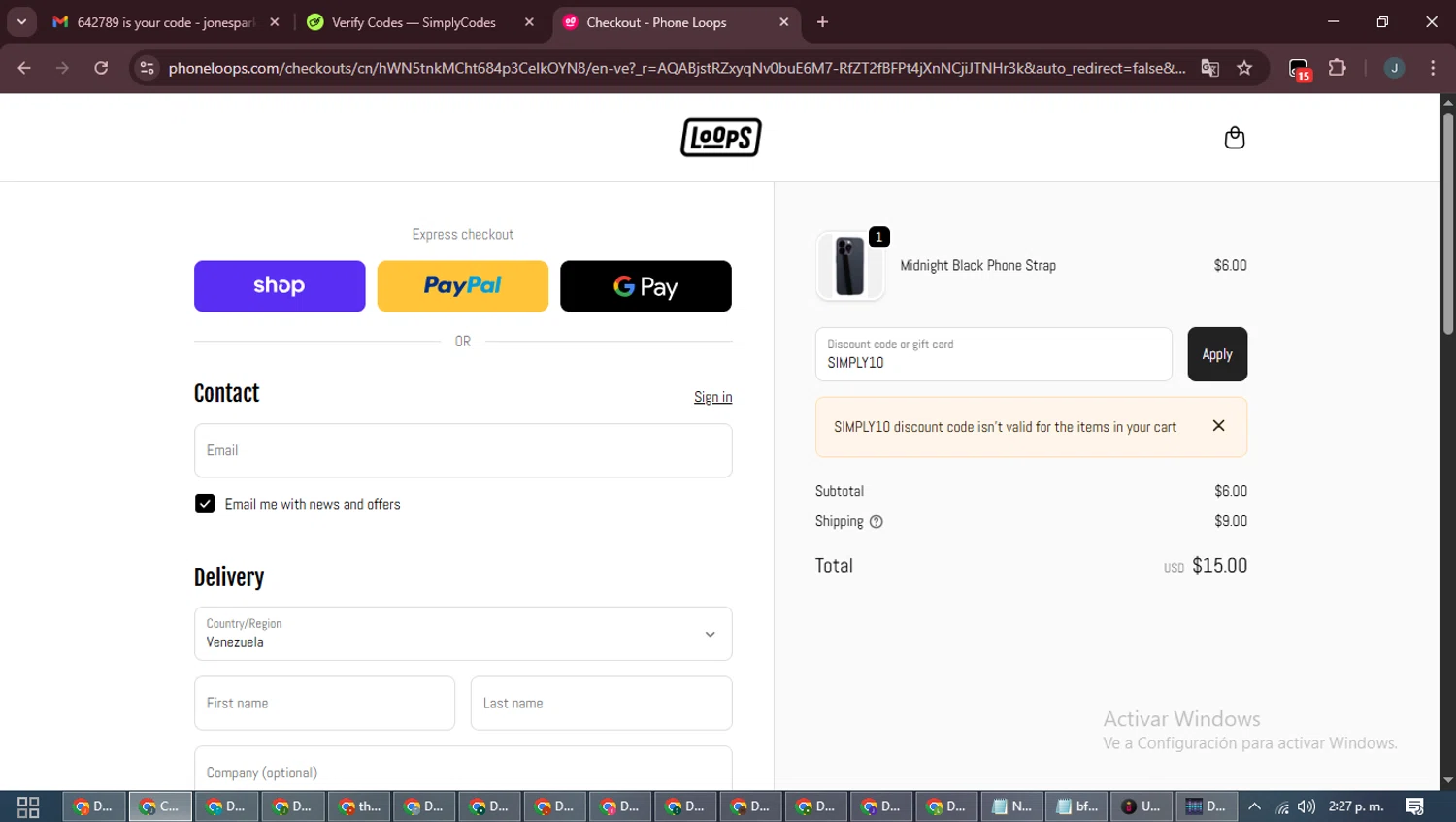 Phone Loops discount code screenshot showing code SIMPLY10 applied at Phone Loops checkout page. Uploaded by SimplyCodes community member ScanLynx8928 on Nov 30, 2025