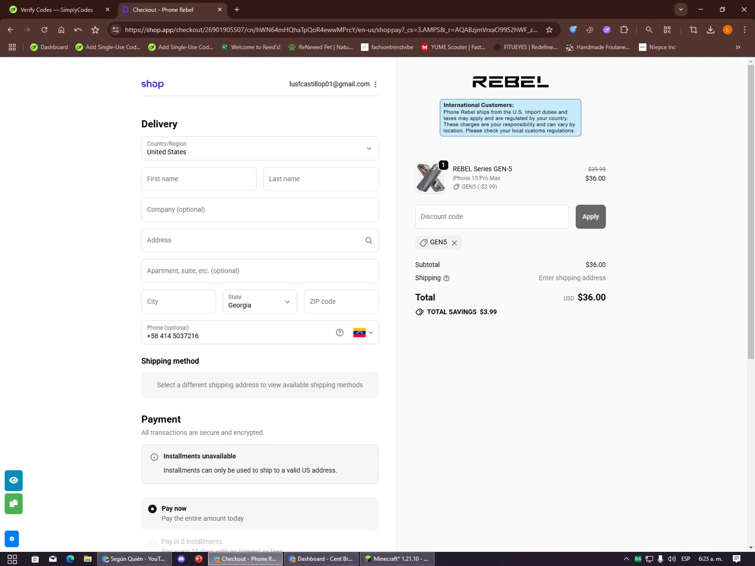 Phone Rebel discount code screenshot showing code GEN5 applied at Phone Rebel checkout page. Uploaded by SimplyCodes community member Alalee on Dec 5, 2025