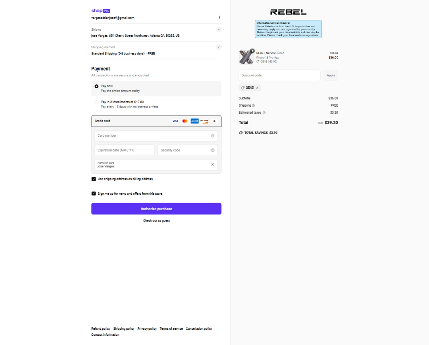 Phone Rebel discount code screenshot showing code GEN5 applied at Phone Rebel checkout page. Uploaded by SimplyCodes community member Rossimar on May 14, 2025