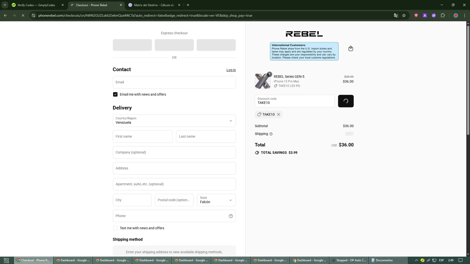 Phone Rebel discount code screenshot showing code TAKE10 applied at Phone Rebel checkout page. Uploaded by SimplyCodes community member Michael_Brown on Aug 27, 2025