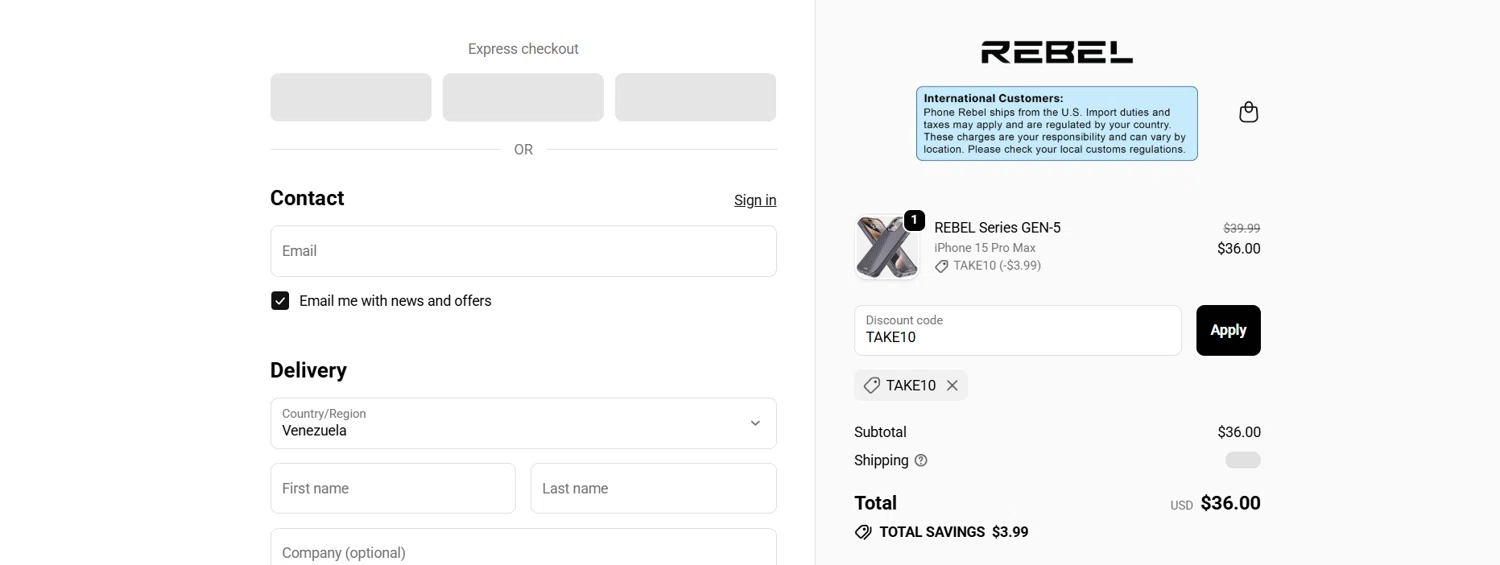 Phone Rebel discount code screenshot showing code TAKE10 applied at Phone Rebel checkout page. Uploaded by SimplyCodes community member PASAJERO_TRUMAN on Dec 5, 2025