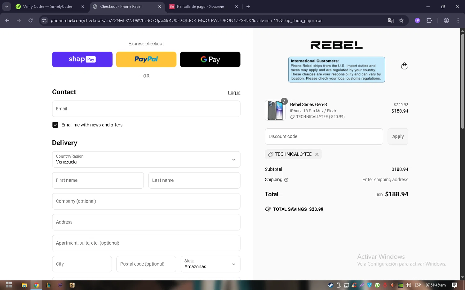 Phone Rebel discount code screenshot showing code TECHNICALLYTEE applied at Phone Rebel checkout page. Uploaded by SimplyCodes community member Elvis_Medina on May 27, 2025