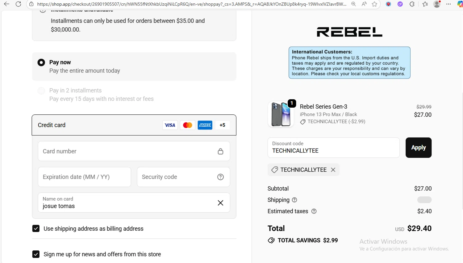 Phone Rebel discount code screenshot showing code TECHNICALLYTEE applied at Phone Rebel checkout page. Uploaded by SimplyCodes community member Franco20 on Nov 9, 2025