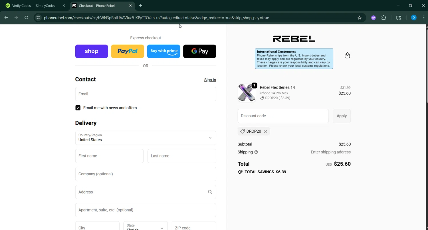 Phone Rebel discount code screenshot showing code DROP20 applied at Phone Rebel checkout page. Uploaded by SimplyCodes community member GoldChaser6627 on Oct 7, 2025