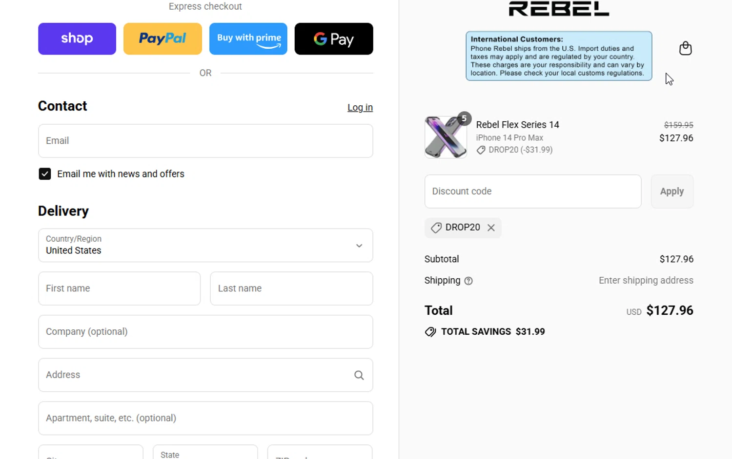 Phone Rebel discount code screenshot showing code DROP20 applied at Phone Rebel checkout page. Uploaded by SimplyCodes community member VictoriousElite9587 on Aug 30, 2025