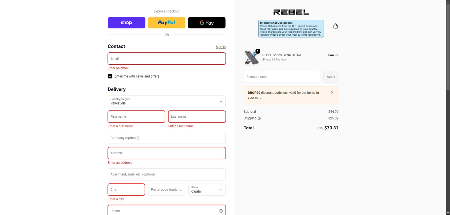 Phone Rebel checkout page showing Phone Rebel discount code box | Screenshot taken by SimplyCodes community member on Feb 6, 2026