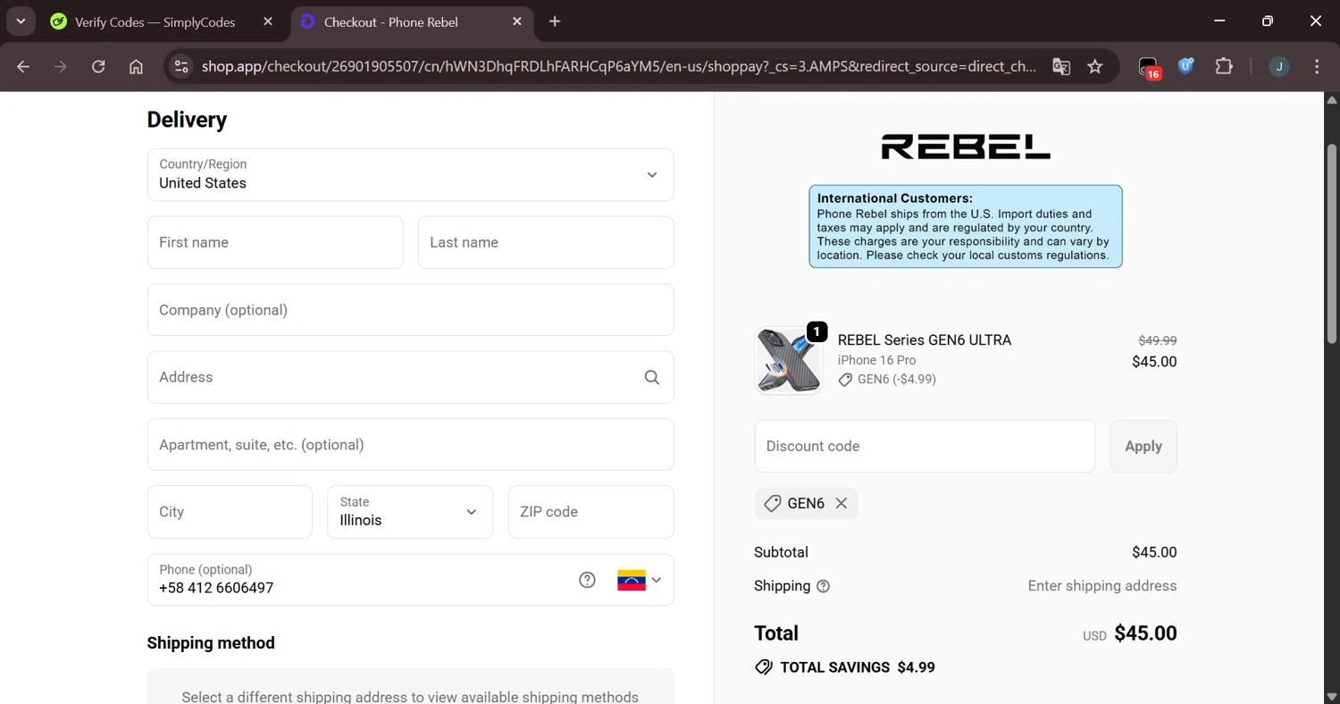 Phone Rebel discount code screenshot showing code GEN6 applied at Phone Rebel checkout page. Uploaded by SimplyCodes community member Eltoro20 on Sep 21, 2025
