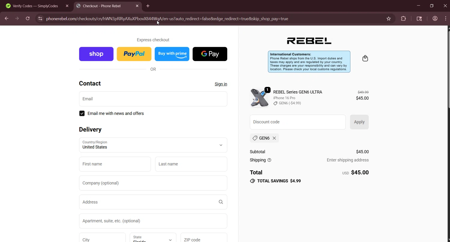 Phone Rebel discount code screenshot showing code GEN6 applied at Phone Rebel checkout page. Uploaded by SimplyCodes community member LuckyNavigator1490 on Oct 7, 2025