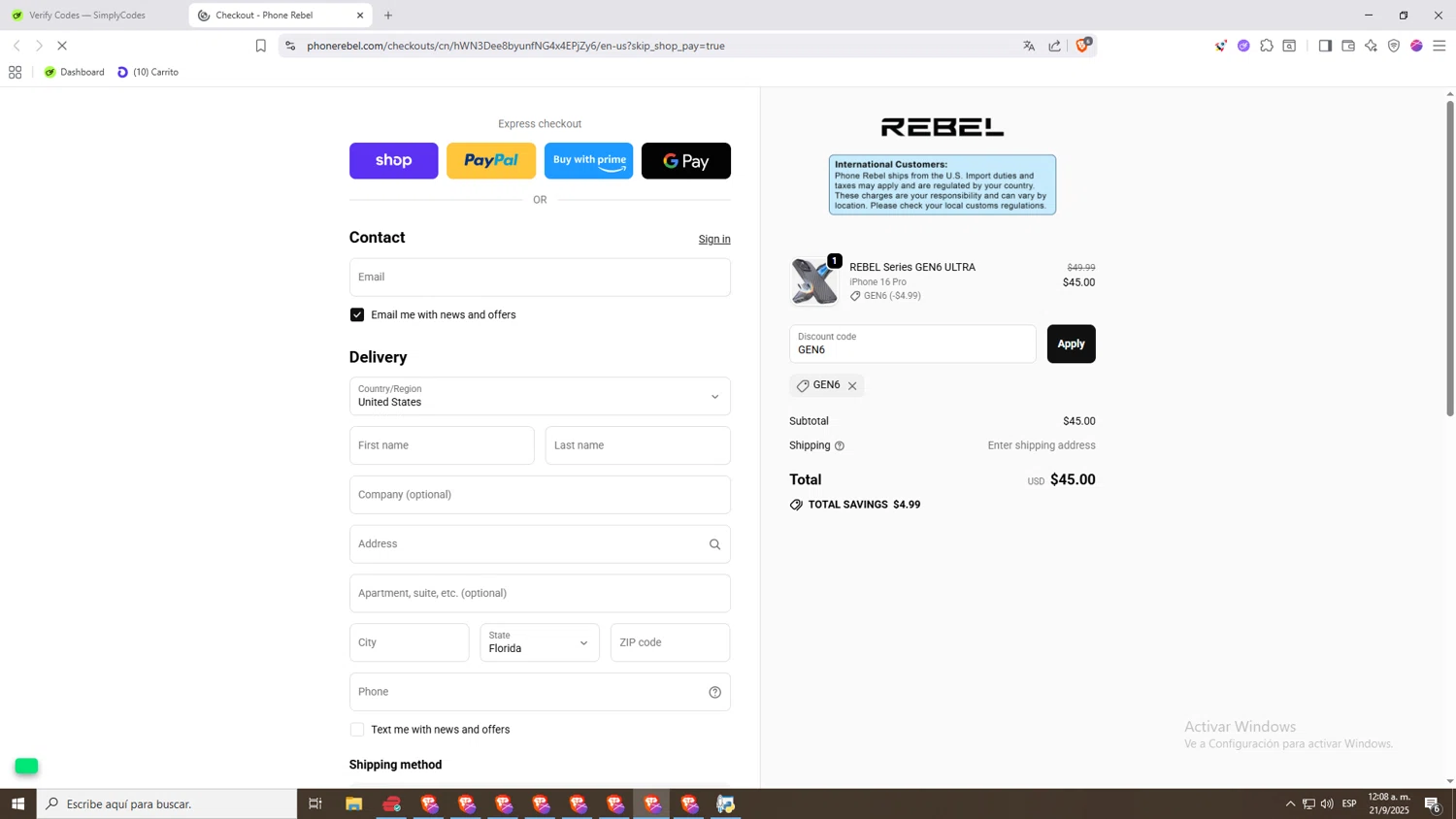 Phone Rebel discount code screenshot showing code GEN6 applied at Phone Rebel checkout page. Uploaded by SimplyCodes community member jHjJJJhgPlDmsdUYitrNMASDll on Sep 21, 2025