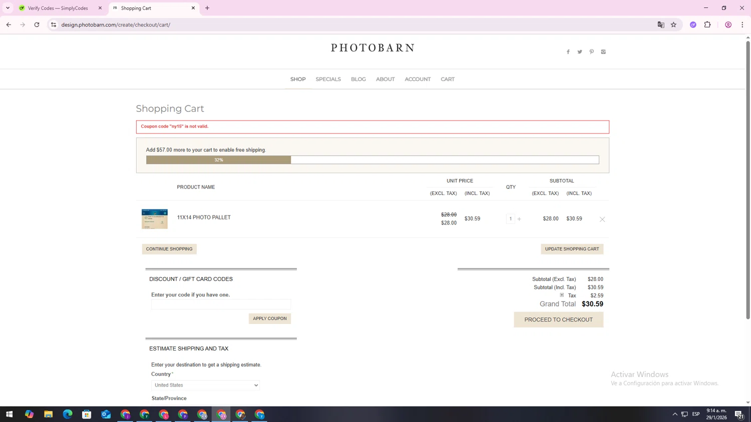 PhotoBarn promo code screenshot showing code ny15 applied at PhotoBarn checkout page. Uploaded by SimplyCodes community member Elwao0213 on Jan 29, 2026