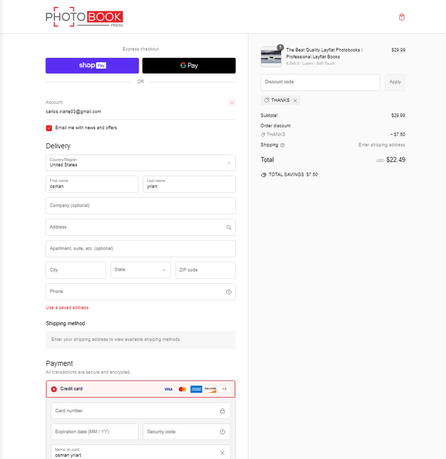 Photo Book Press promo code screenshot showing code THANKS applied at Photo Book Press checkout page. Uploaded by SimplyCodes community member Tortugasninja on Feb 1, 2025