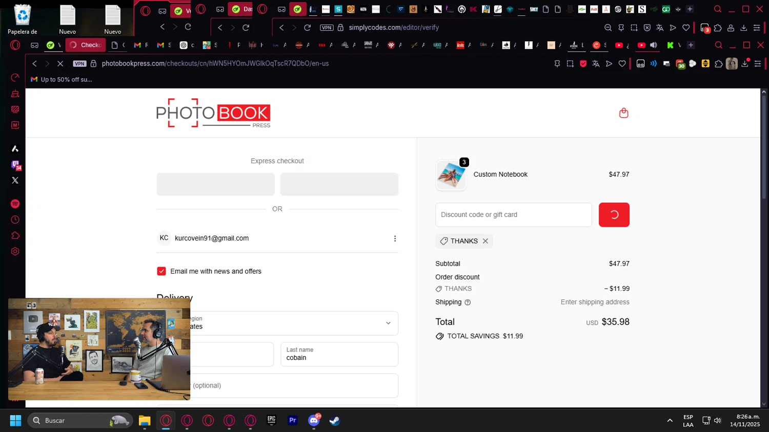 Photo Book Press promo code screenshot showing code THANKS applied at Photo Book Press checkout page. Uploaded by SimplyCodes community member kurcovein on Nov 14, 2025