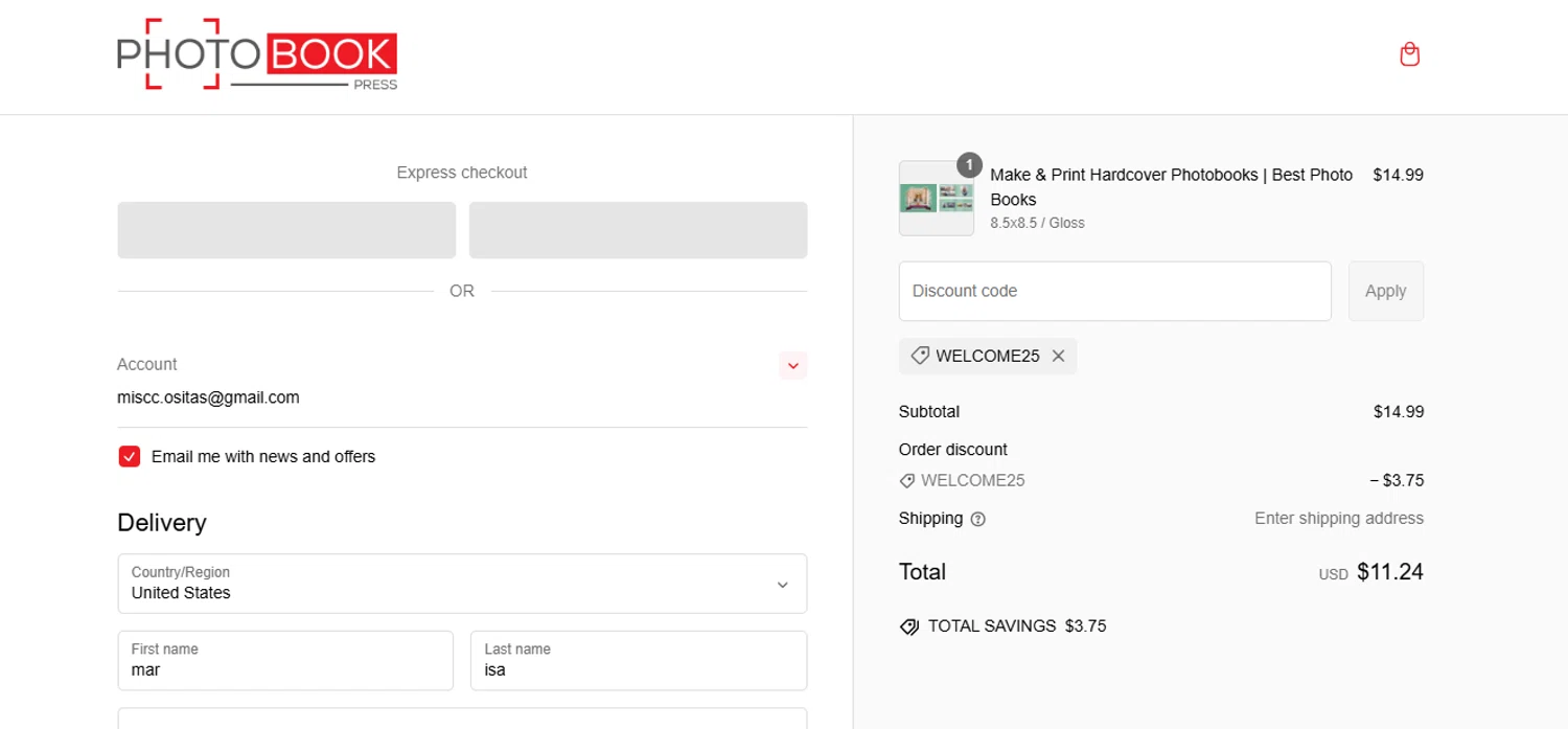 Photo Book Press promo code screenshot showing code WELCOME25 applied at Photo Book Press checkout page. Uploaded by SimplyCodes community member BrilliantFalcon6936 on Feb 1, 2025