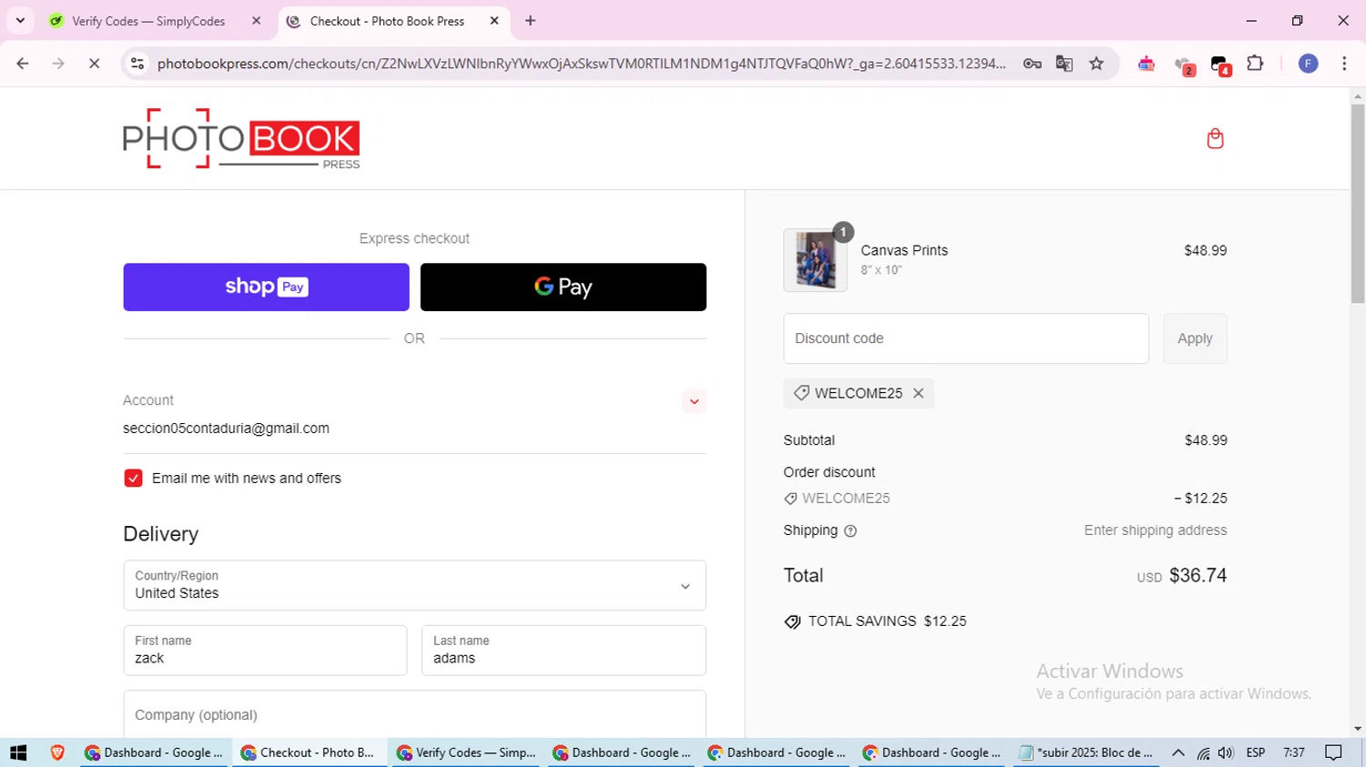 Photo Book Press promo code screenshot showing code WELCOME25 applied at Photo Book Press checkout page. Uploaded by SimplyCodes community member loversuper on Feb 1, 2025