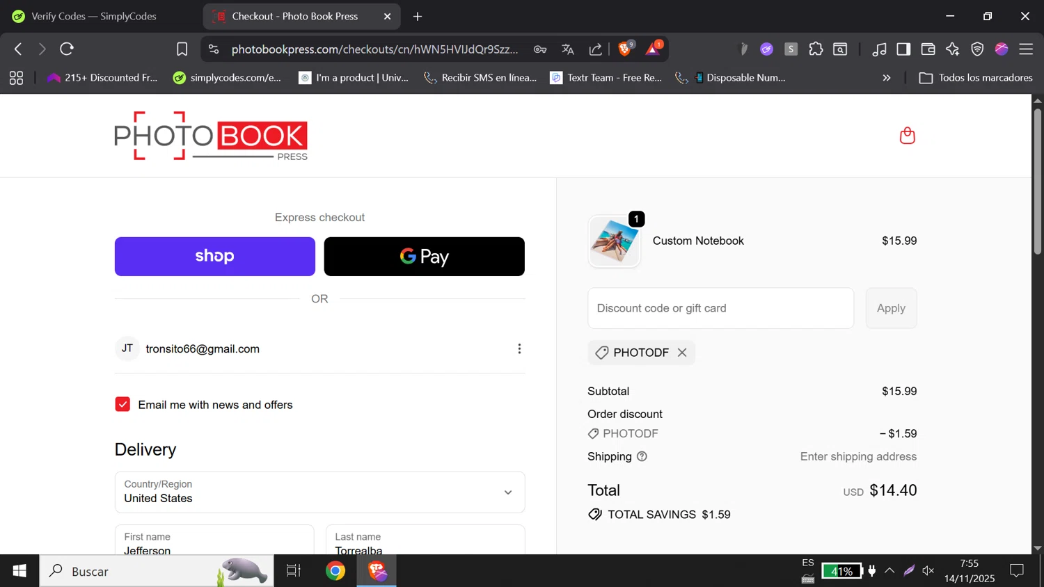 Photo Book Press checkout page showing Photo Book Press promo code box | Screenshot taken by SimplyCodes community member on Nov 14, 2025