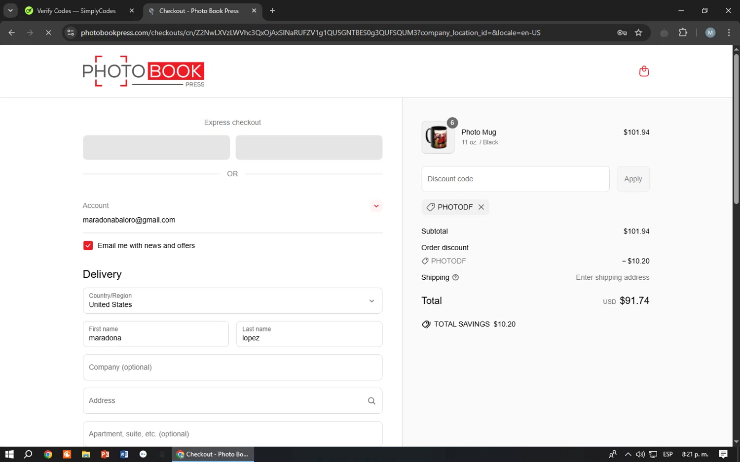 Photo Book Press checkout page showing Photo Book Press promo code box | Screenshot taken by SimplyCodes community member on Apr 29, 2025