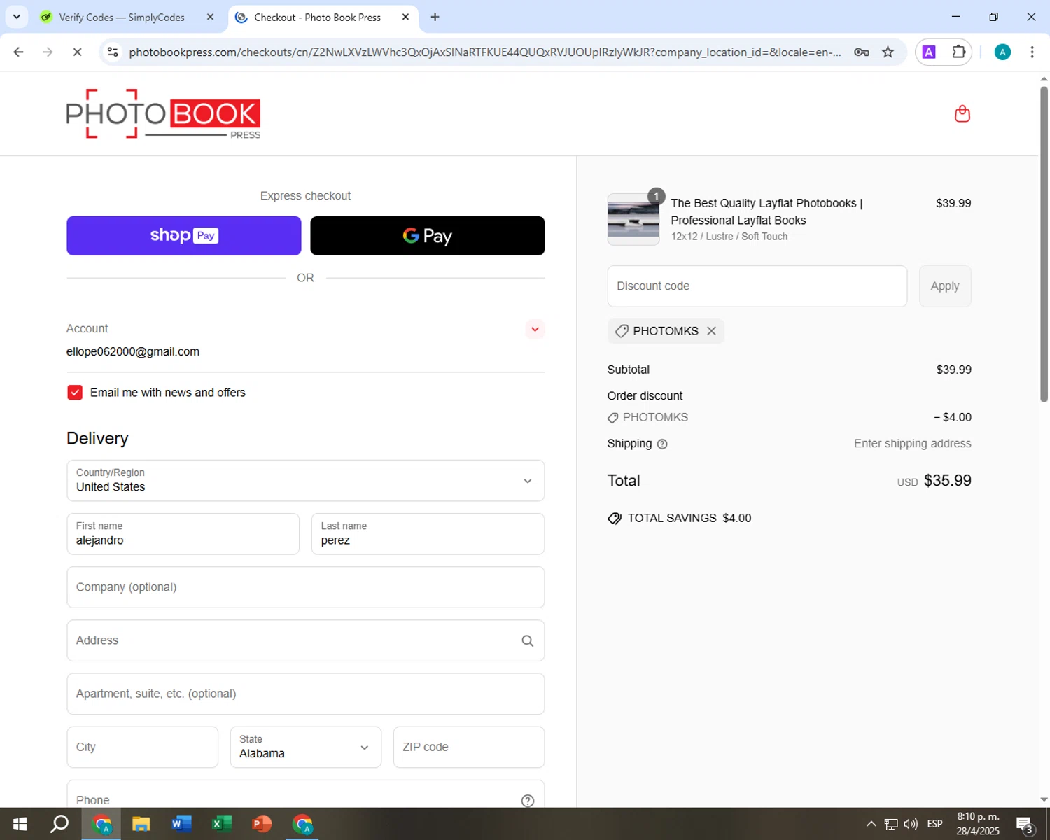 Photo Book Press checkout page showing Photo Book Press promo code box | Screenshot taken by SimplyCodes community member on Apr 29, 2025