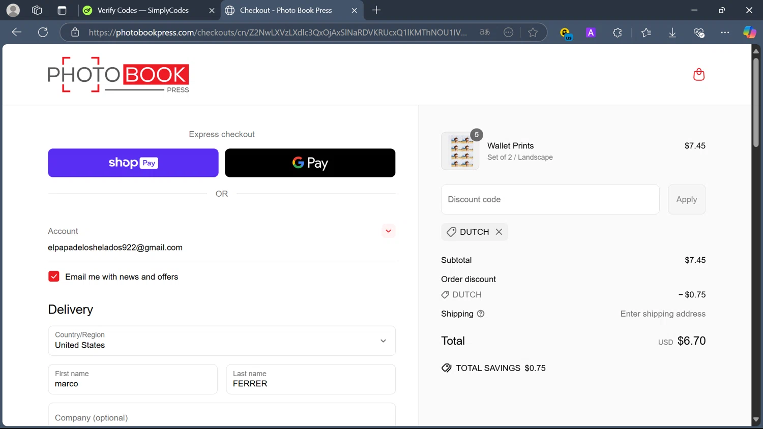 Photo Book Press checkout page showing Photo Book Press promo code box | Screenshot taken by SimplyCodes community member on Apr 28, 2025