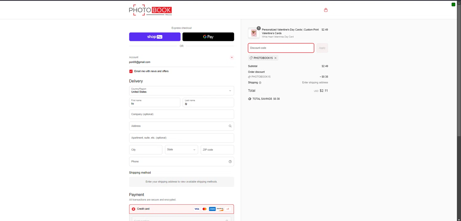 Photo Book Press promo code screenshot showing code PHOTOBOOK15 applied at Photo Book Press checkout page. Uploaded by SimplyCodes community member RINITOSHI on Mar 30, 2025