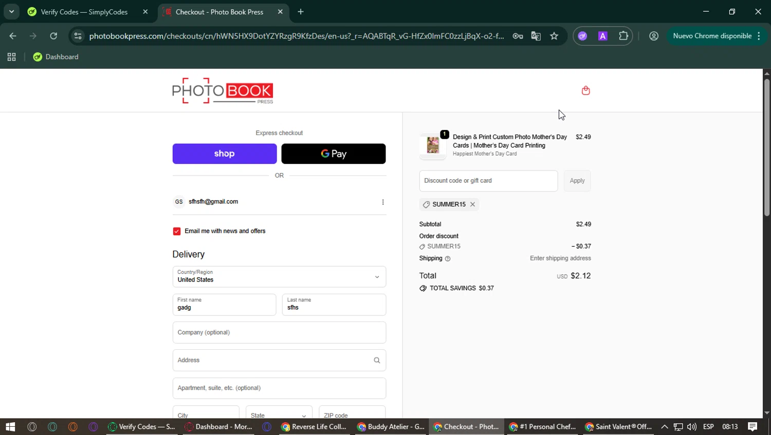 Photo Book Press promo code screenshot showing code summer15 applied at Photo Book Press checkout page. Uploaded by SimplyCodes community member VoucherSentinel6666 on Nov 14, 2025