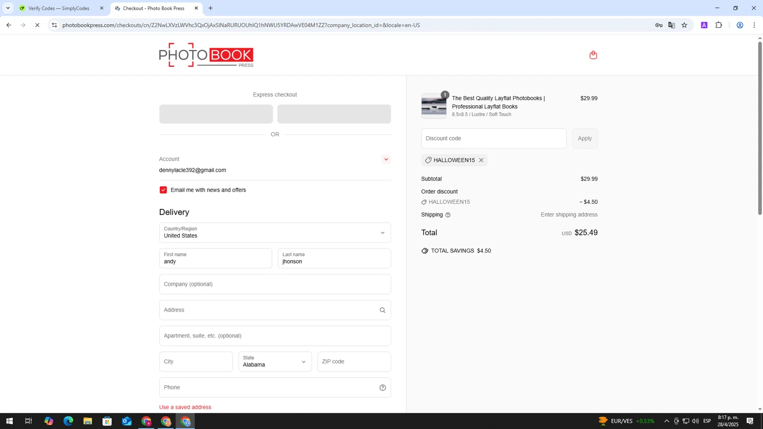 Photo Book Press promo code screenshot showing code HALLOWEEN15 applied at Photo Book Press checkout page. Uploaded by SimplyCodes community member ShieldAdmiral2781 on Apr 29, 2025