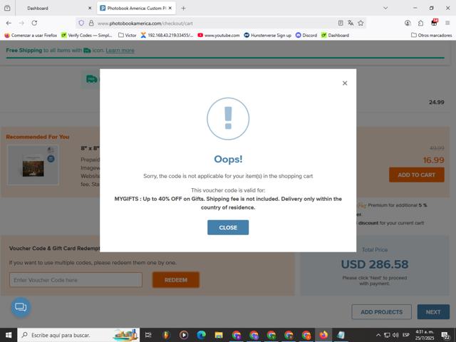 Photobook America checkout page showing Photobook America promo code box | Screenshot taken by SimplyCodes community member on Jul 25, 2025
