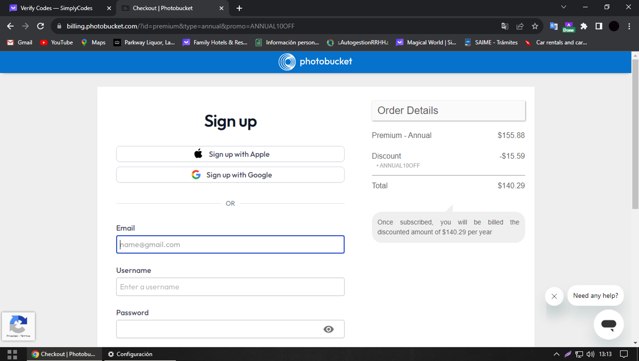 Photobucket checkout page showing Photobucket coupon code box | Screenshot taken by SimplyCodes community member on Sep 13, 2023