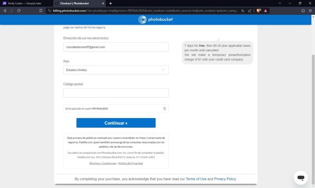 Photobucket checkout page showing Photobucket coupon code box | Screenshot taken by SimplyCodes community member on Dec 12, 2023