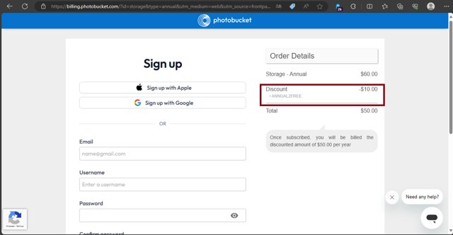 Photobucket checkout page showing Photobucket coupon code box | Screenshot taken by SimplyCodes community member on Dec 12, 2023