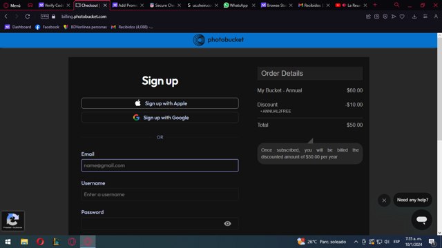 Photobucket checkout page showing Photobucket coupon code box | Screenshot taken by SimplyCodes community member on Jan 10, 2024