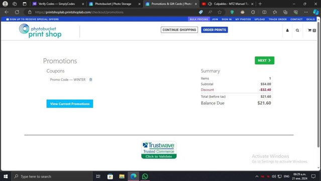 Photobucket checkout page showing Photobucket coupon code box | Screenshot taken by SimplyCodes community member on Jan 21, 2024
