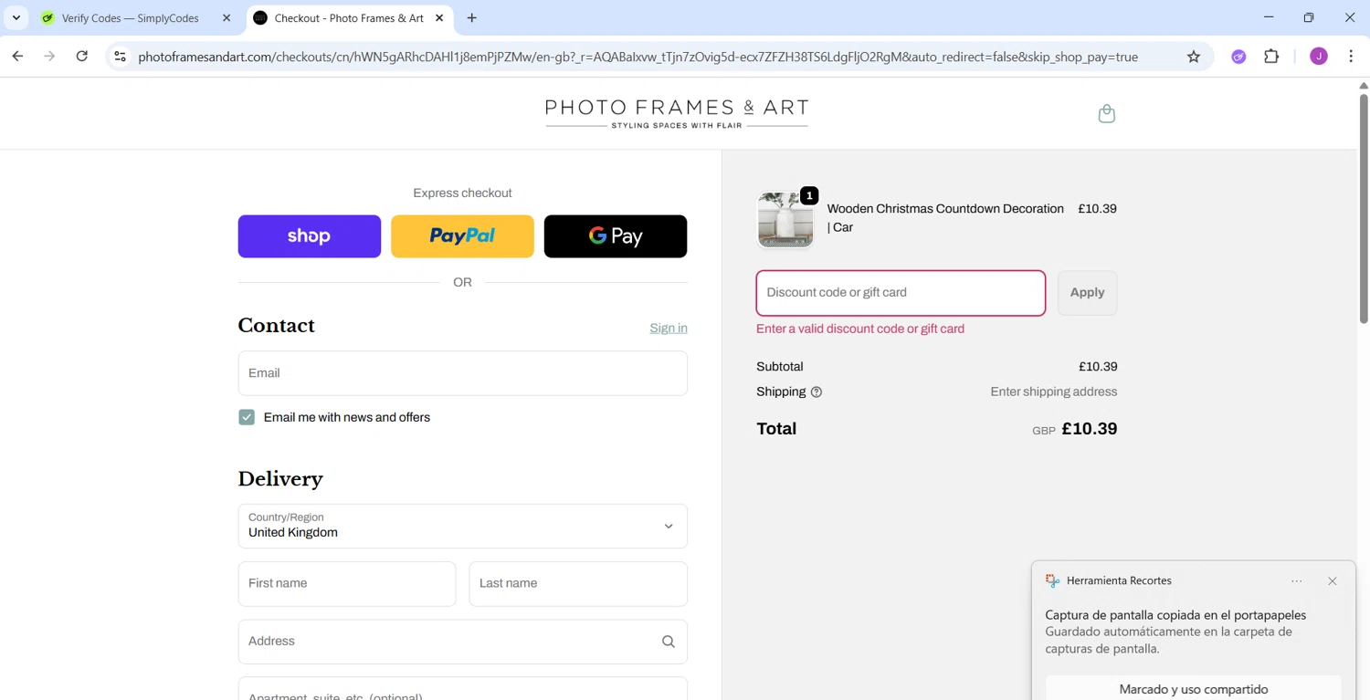 Photo Frames & Art promo code screenshot showing code HELLO applied at Photo Frames & Art checkout page. Uploaded by SimplyCodes community member CleverChaser8361 on Nov 24, 2025