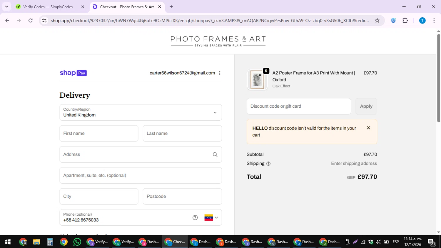 Photo Frames & Art checkout page showing Photo Frames & Art promo code box | Screenshot taken by SimplyCodes community member on Jan 12, 2026
