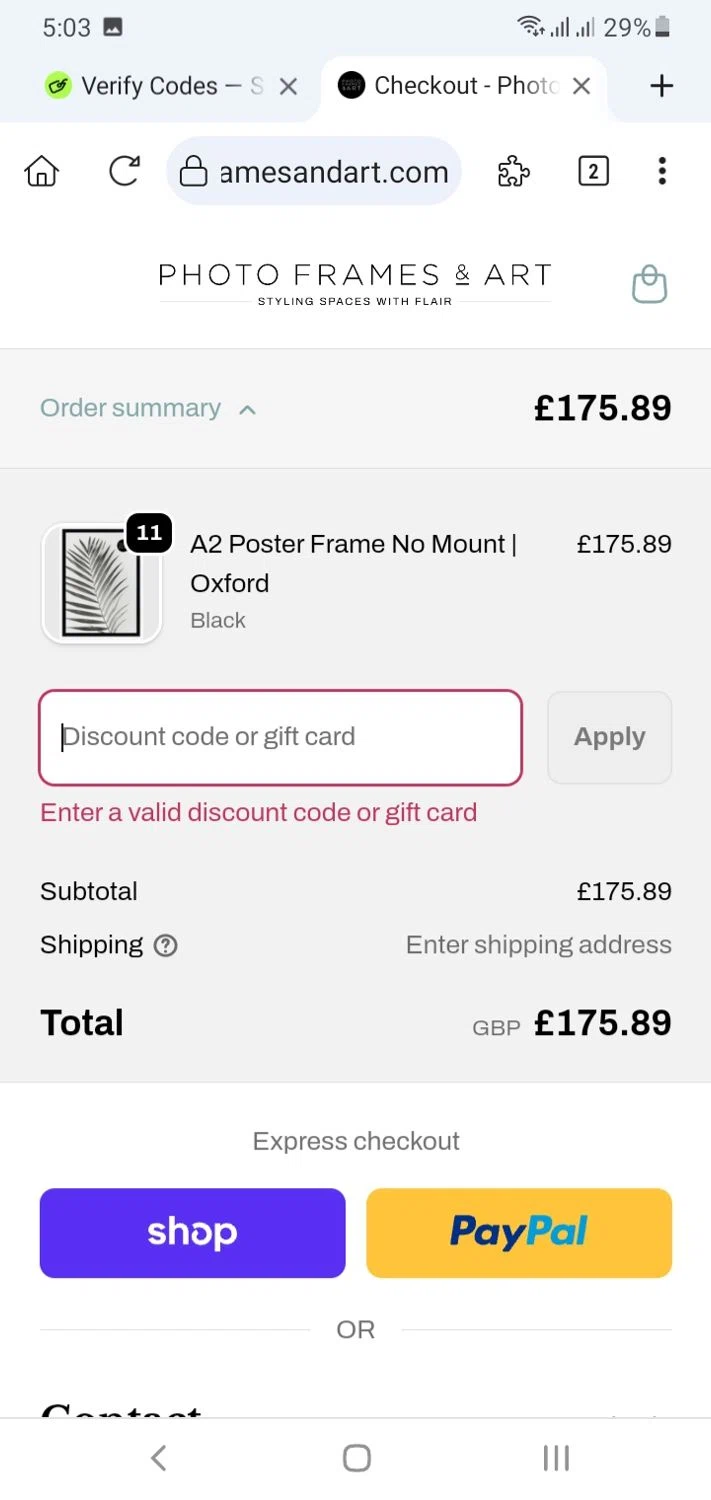 Photo Frames & Art promo code screenshot showing code HELLO applied at Photo Frames & Art checkout page. Uploaded by SimplyCodes community member menotychire on Nov 24, 2025