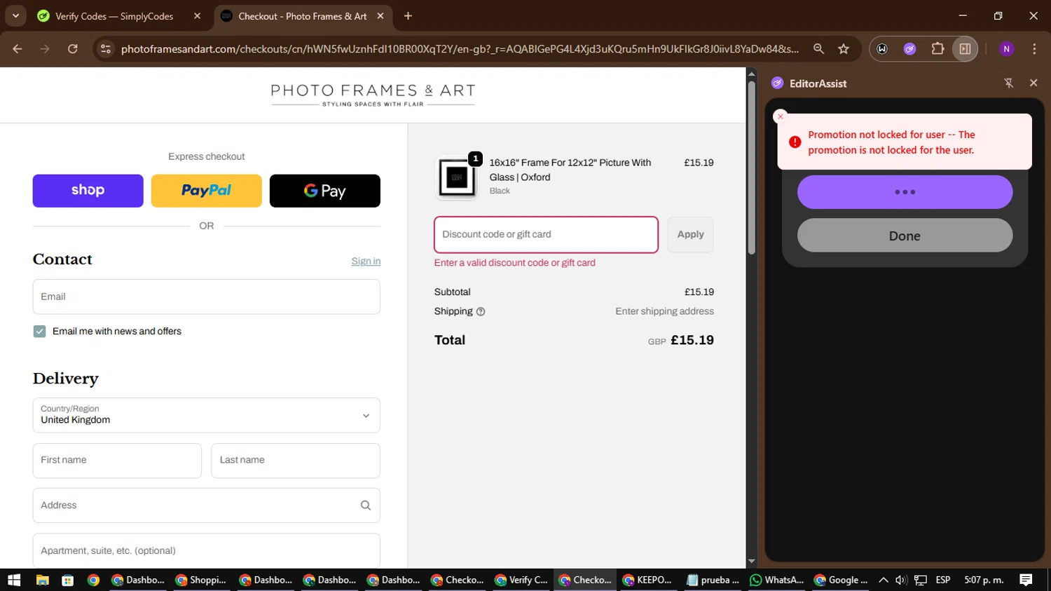 Photo Frames & Art promo code screenshot showing code ten applied at Photo Frames & Art checkout page. Uploaded by SimplyCodes community member NATAAAAAANAELCANO on Nov 24, 2025